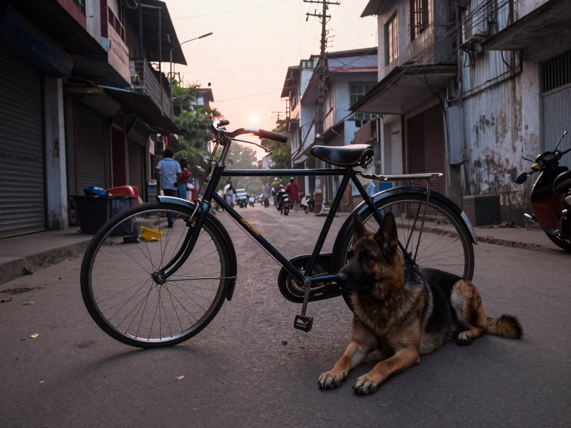 Nautical Dawn Street Scene in Kolkata India with Vintage Bicycle and Local Morning Activity in in Kolkata, India