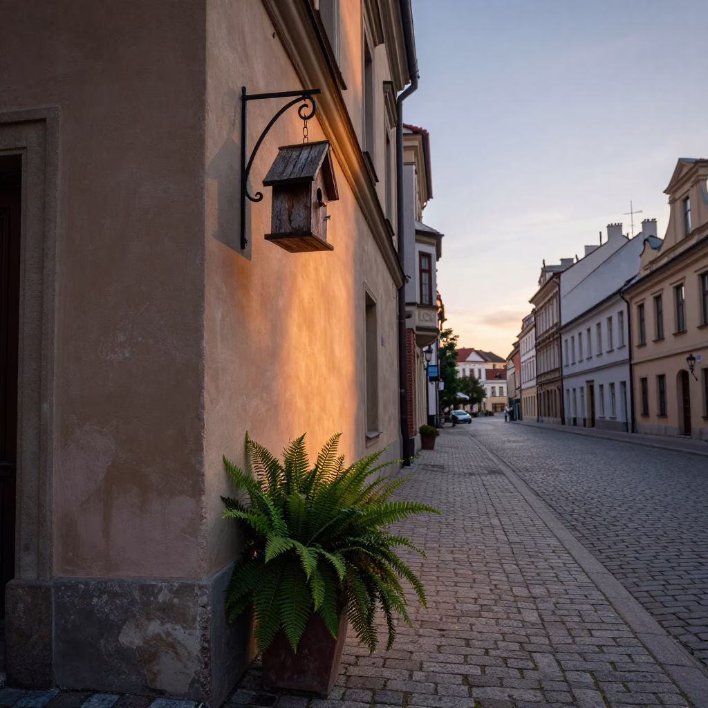 Nautical Dawn Street Scene in Krakow Poland with Birdhouse and Ferns in in Krakow, Poland