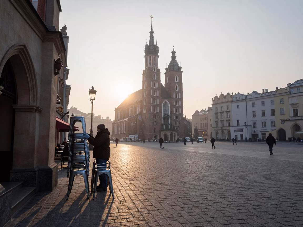 Nautical Dawn Street Scene in Krakow Poland with Metal Stools and Historic Architecture in in Krakow, Poland