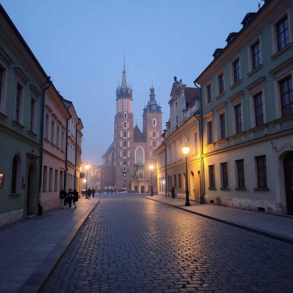 Nautical Dawn Street Scene in Krakow Poland with Vintage 1960s Atmosphere in in Krakow, Poland