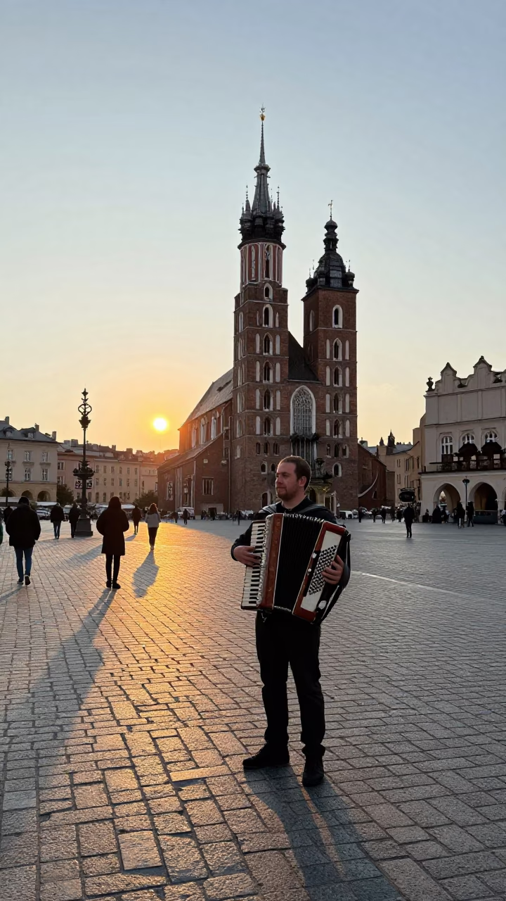 Nautical Dawn Street Scene in Krakow Poland with Vintage Accordion and Cobblestone in in Krakow, Poland