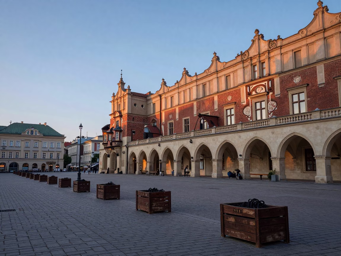 Nautical Dawn Street Scene in Krakow Poland with Vintage Crate and Local Interaction in in Krakow, Poland