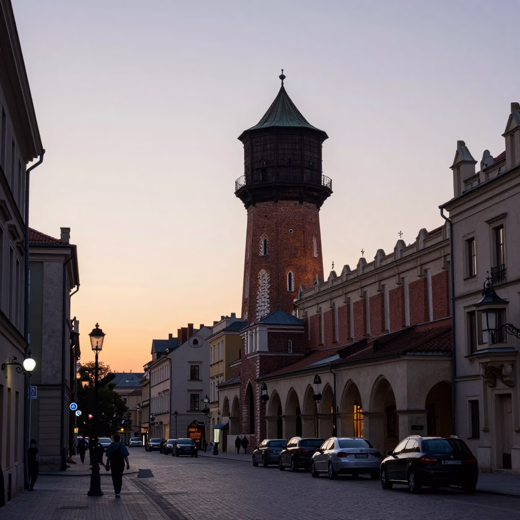 Nautical Dawn Street Scene in Krakow Poland with Water Tower and Urban Rooftops in in Krakow, Poland