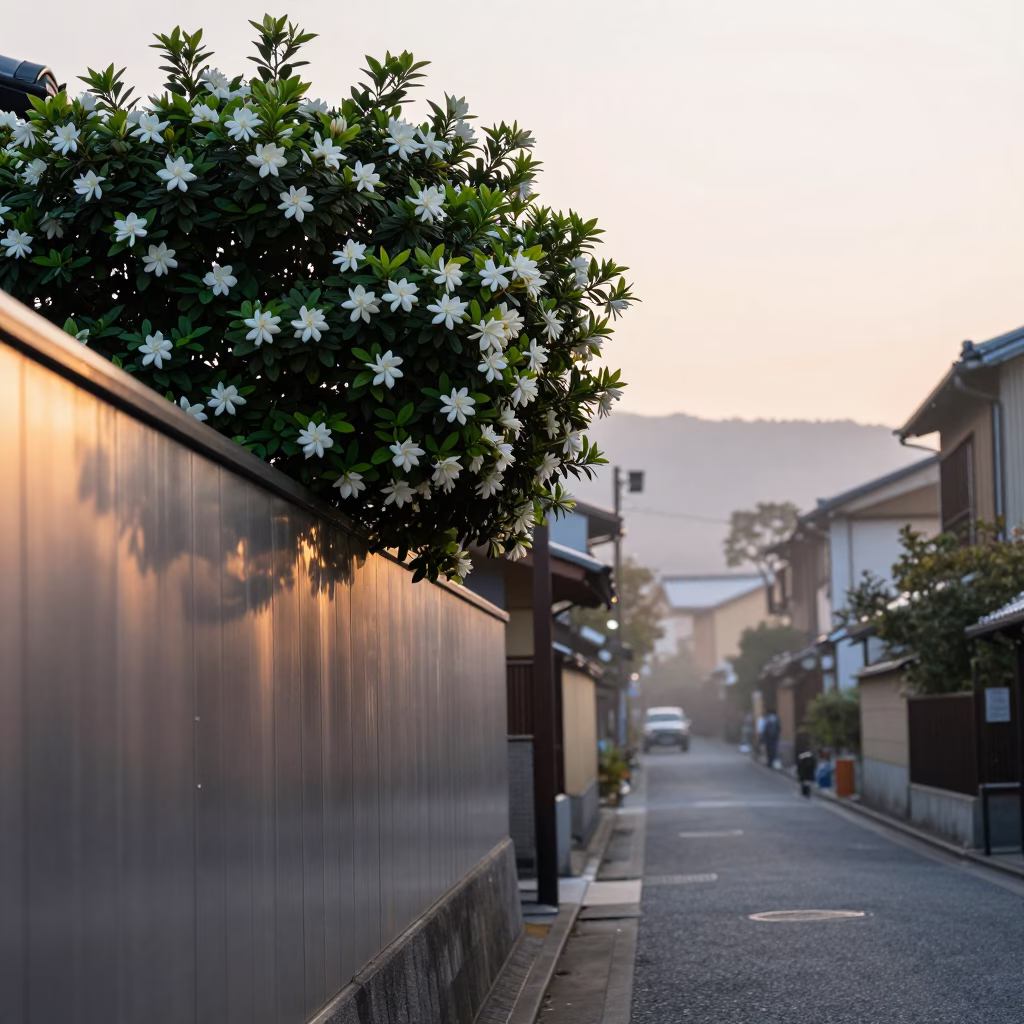 Nautical Dawn Street Scene in Kyoto Japan with Gardenia Bush and Brushed Steel Wall in in Kyoto, Japan