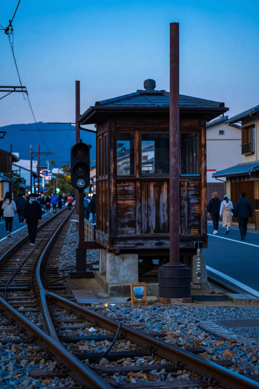 Nautical Dawn Street Scene in Kyoto Japan with Railway Signal Cabin and Switch Tracks in in Kyoto, Japan