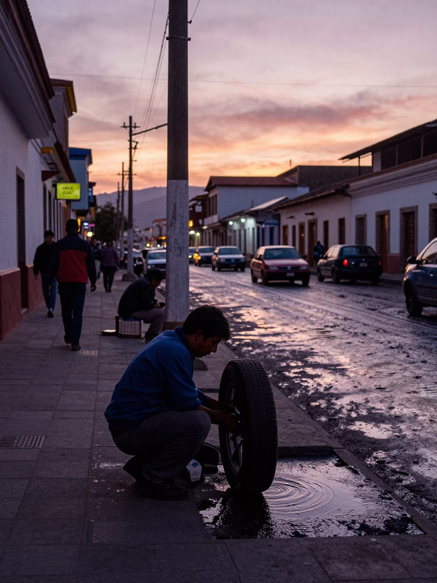 Nautical Dawn Street Scene in La Paz Bolivia with Grease Sheen and Hammered Metal in in La Paz, Bolivia