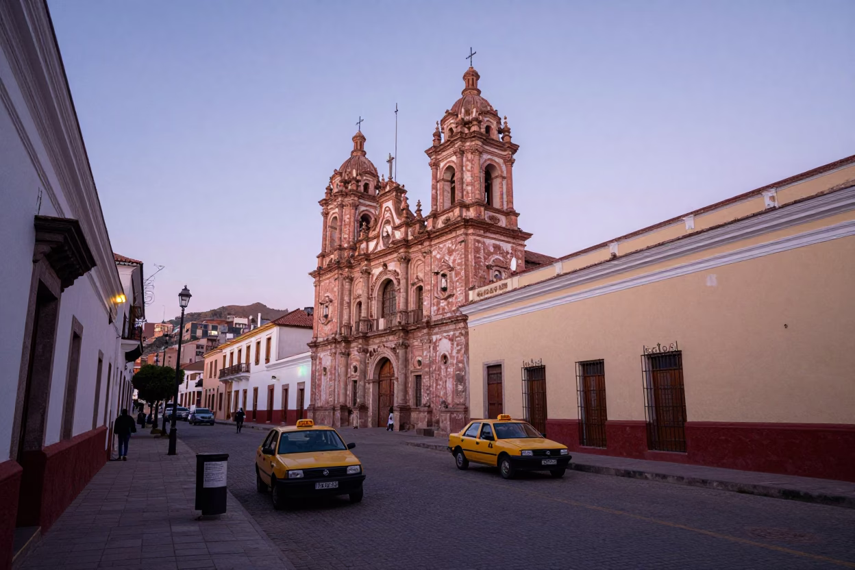 Nautical Dawn Street Scene in La Paz Bolivia with Taxi Rank and Andean Architecture in in La Paz, Bolivia