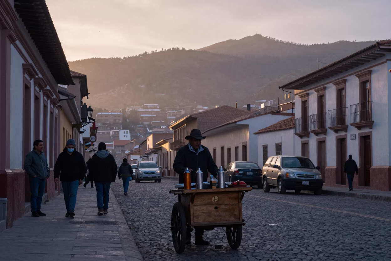 Nautical Dawn Street Scene in La Paz Bolivia with Vintage Thermos and Local Commerce in in La Paz, Bolivia