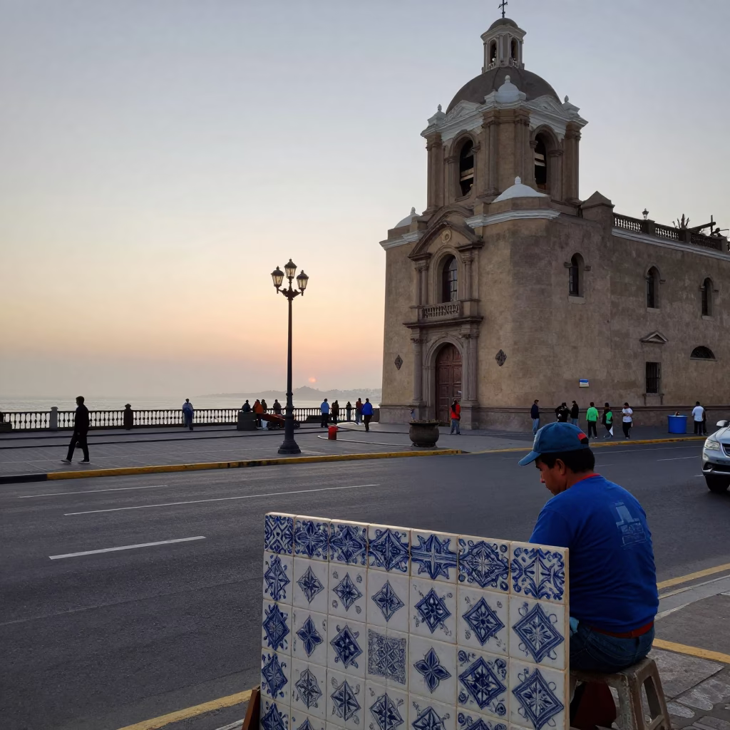 Nautical Dawn Street Scene in Lima Peru with Ceramic Tiles and Wooden Spoon in in Lima, Peru