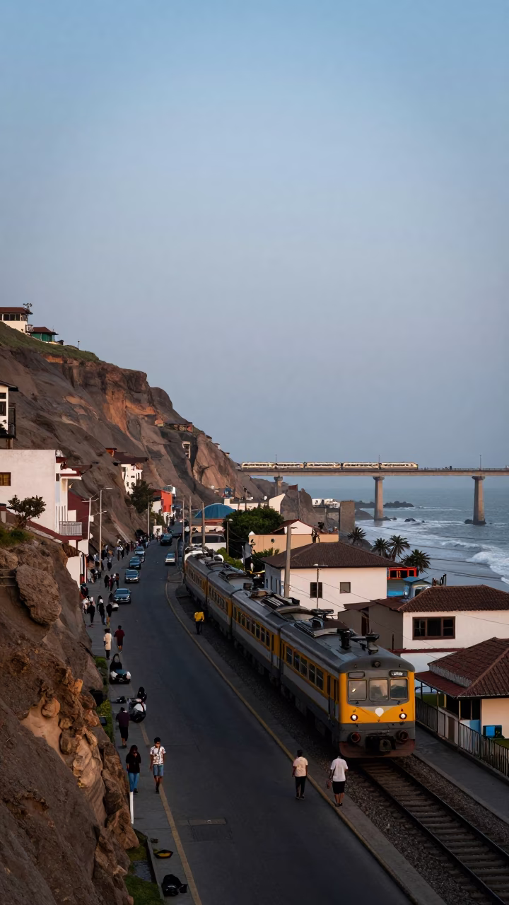 Nautical Dawn Street Scene in Lima Peru with Commuter Train and Local Life in in Lima, Peru