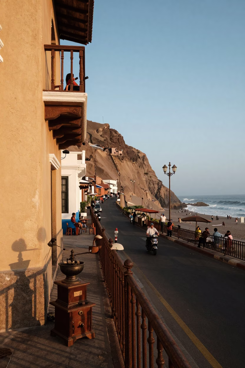 Nautical Dawn Street Scene in Lima Peru with Vintage Coffee Grinder and Leaf Shadows in in Lima, Peru