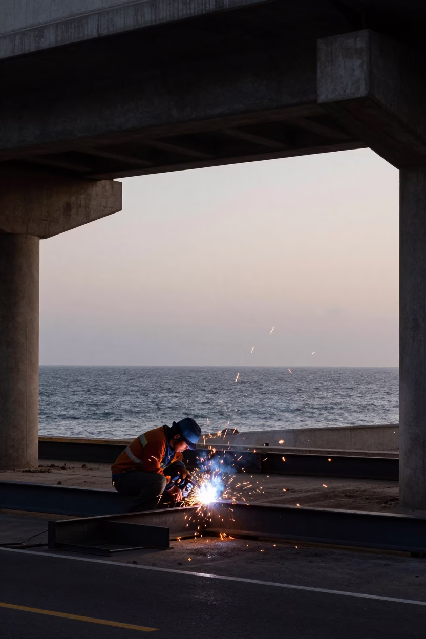 Nautical Dawn Street Scene in Lima Peru with Welding Sparks Under Bridge in in Lima, Peru