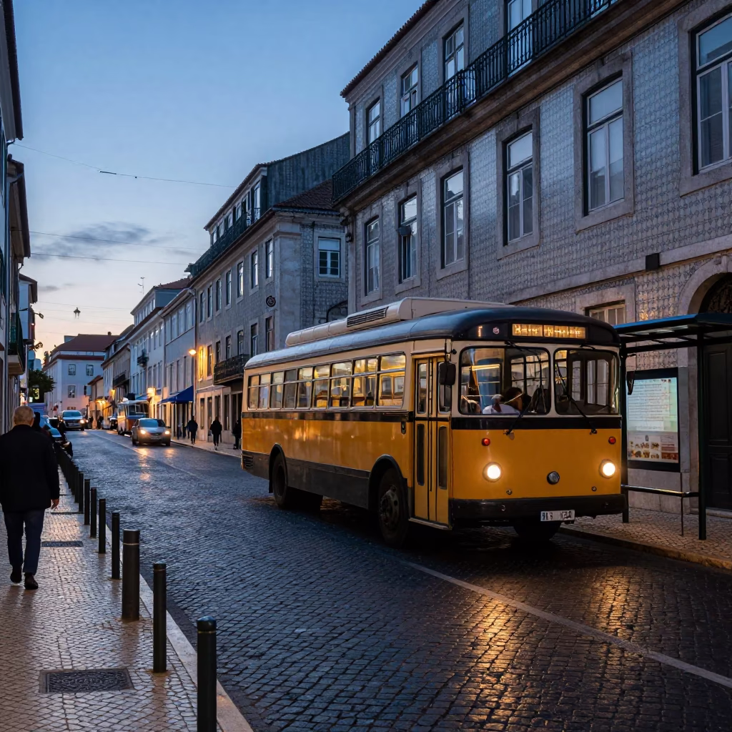 Nautical Dawn Street Scene in Lisbon Portugal with Vintage Bus and Brass Details in in Lisbon, Portugal