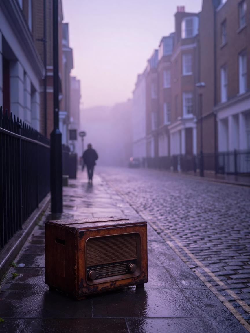 Nautical Dawn Street Scene in London United Kingdom with Vintage Radio and Pickle Jar in in London, United Kingdom