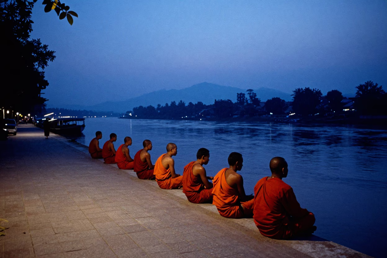Nautical Dawn Street Scene in Luang Prabang Laos Monks and Morning Light in in Luang Prabang, Laos