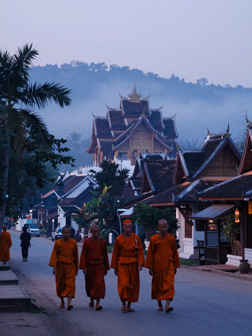 Nautical Dawn Street Scene in Luang Prabang Laos with Monks and Local Life in in Luang Prabang, Laos