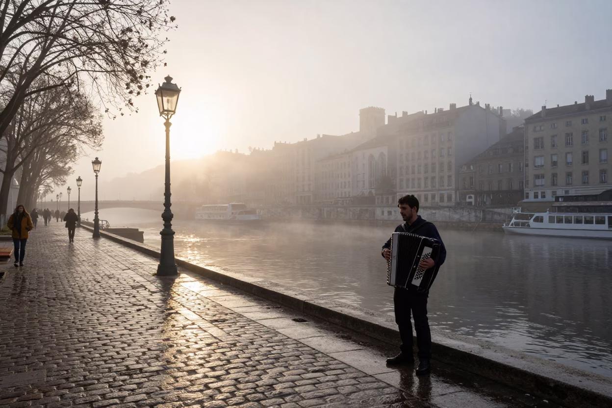 Nautical Dawn Street Scene in Lyon France with Accordion Player and Lantern in in Lyon, France
