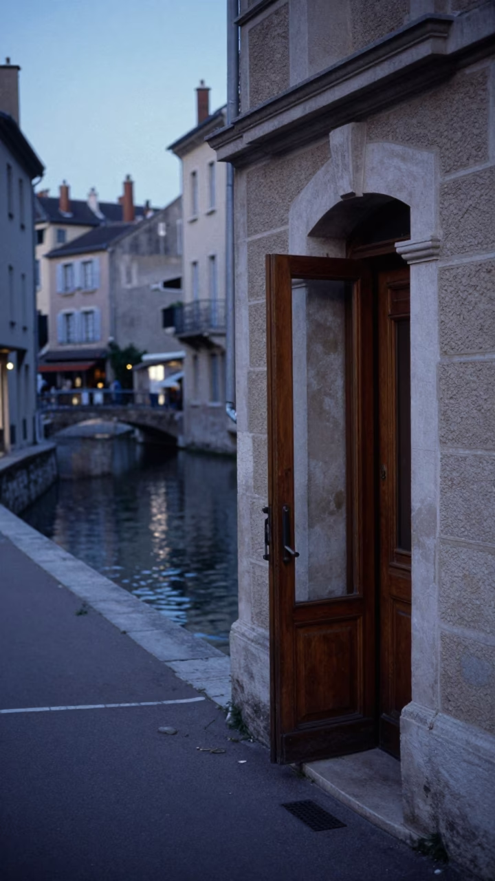Nautical Dawn Street Scene in Lyon France with Canal and Wooden Doorframe in in Lyon, France