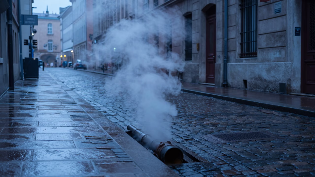 Nautical Dawn Street Scene in Lyon France with District Heating Steam in in Lyon, France