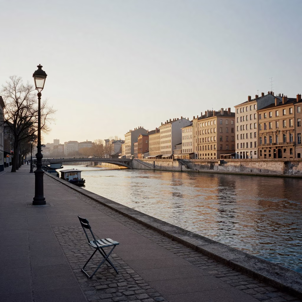 Nautical Dawn Street Scene in Lyon France with Folding Chair and Sketchbook in in Lyon, France