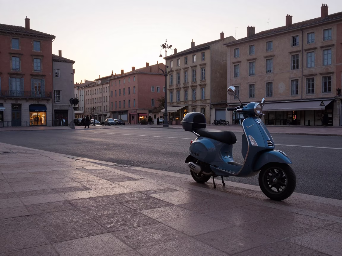 Nautical Dawn Street Scene in Lyon France with Scooter and Local Life in in Lyon, France