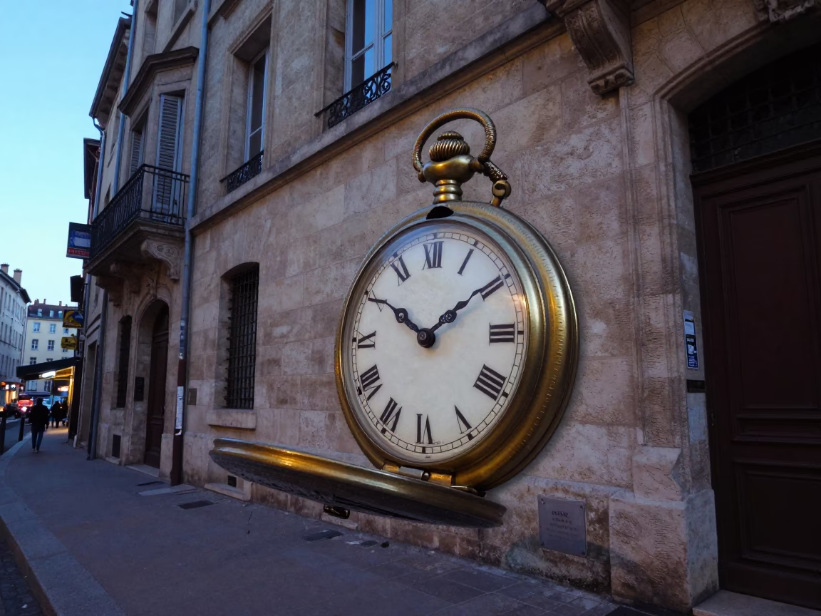 Nautical Dawn Street Scene in Lyon France with Vintage Pocket Watch and Linen Fringe in in Lyon, France