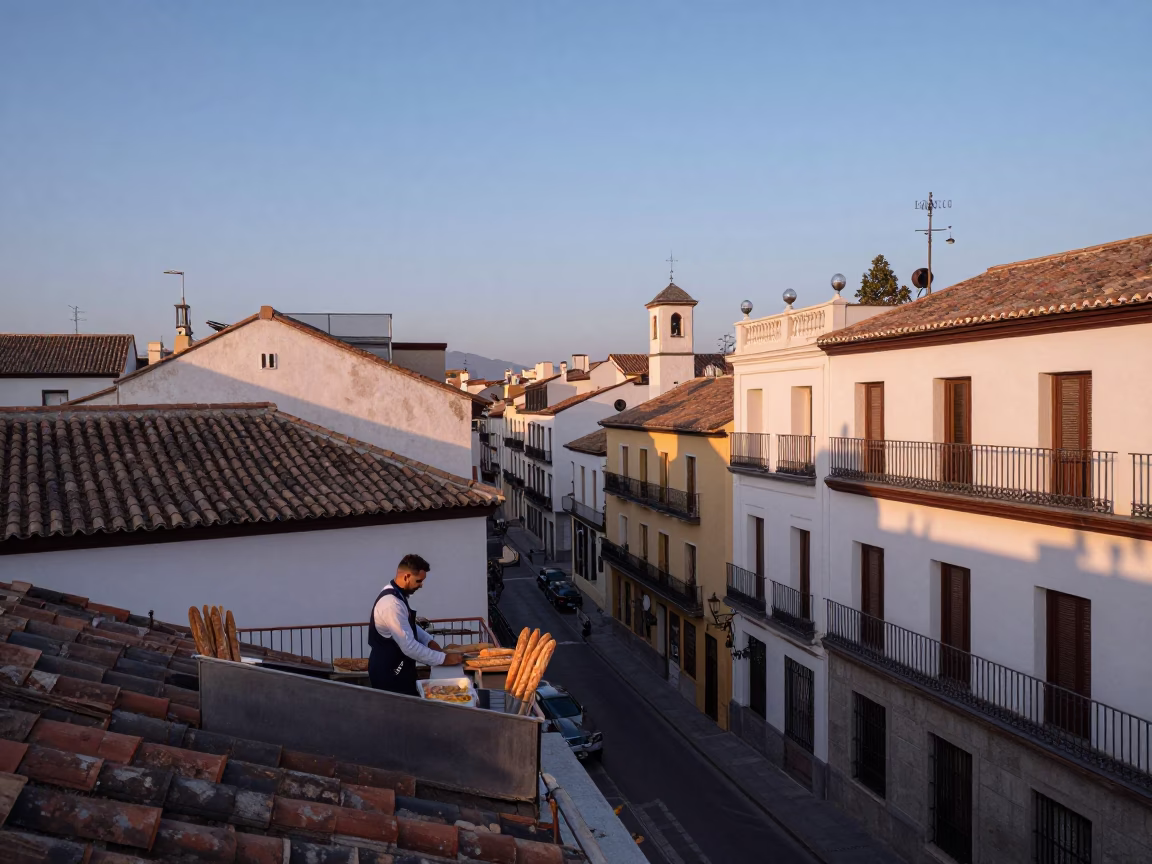 Nautical Dawn Street Scene in Madrid Spain with Baguettes and Urban Life in in Madrid, Spain