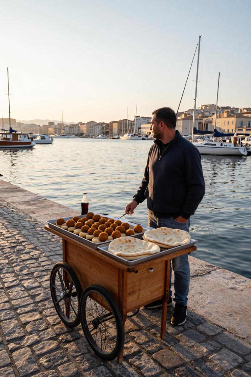 Nautical Dawn Street Scene in Marseille France with Local Breakfast Trade in in Marseille, France
