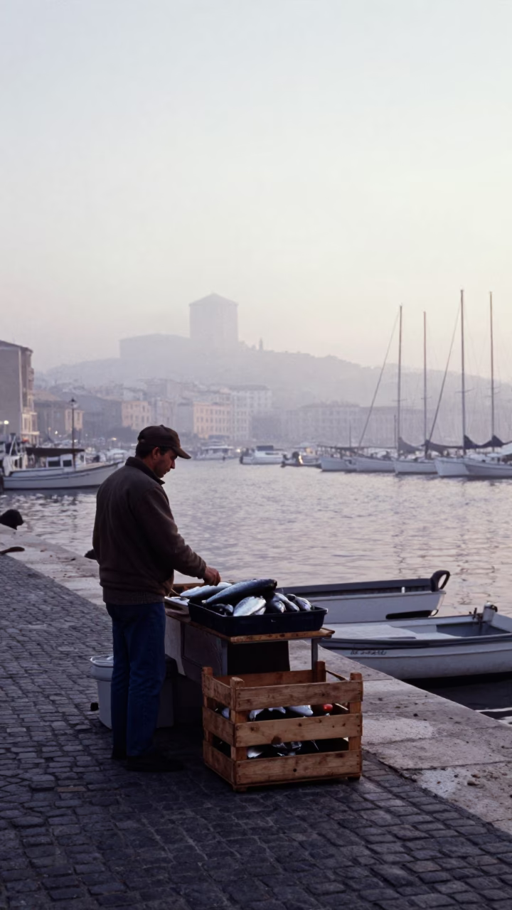 Nautical Dawn Street Scene in Marseille France with Local Vendor and Coastal Breakwater Beacons in in Marseille, France