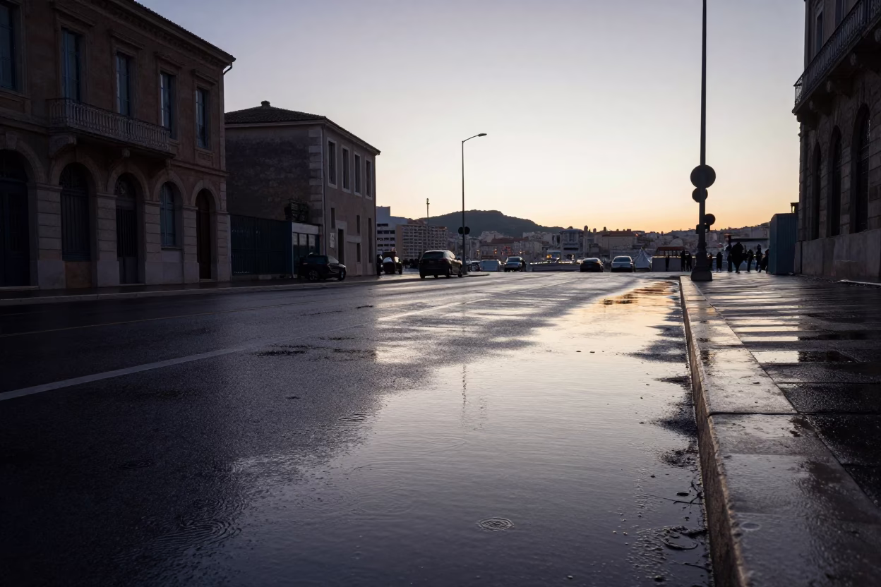 Nautical Dawn Street Scene in Marseille France with Oil Sheen Puddle in in Marseille, France
