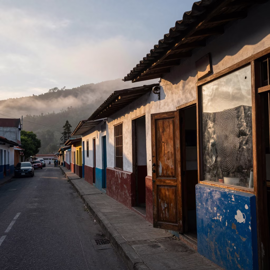 Nautical Dawn Street Scene in Medellin Colombia with Fingerprinted Glass and Cupboard Doors in in Medellin, Colombia