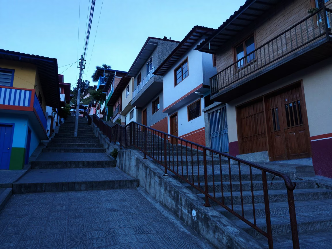 Nautical Dawn Street Scene in Medellin Colombia with Stair Rail and Oranges in in Medellin, Colombia