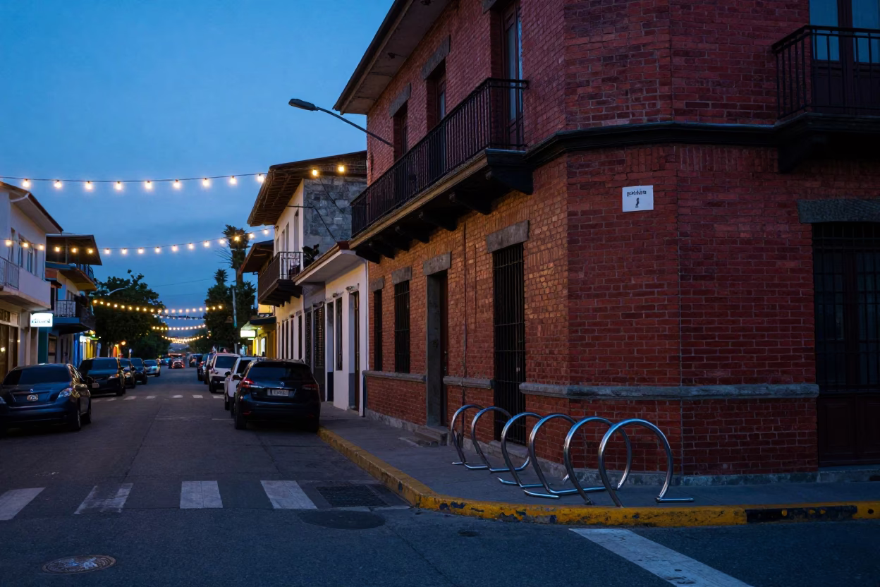 Nautical Dawn Street Scene in Medellin Colombia with String Lights and Bicycle Rack in in Medellin, Colombia