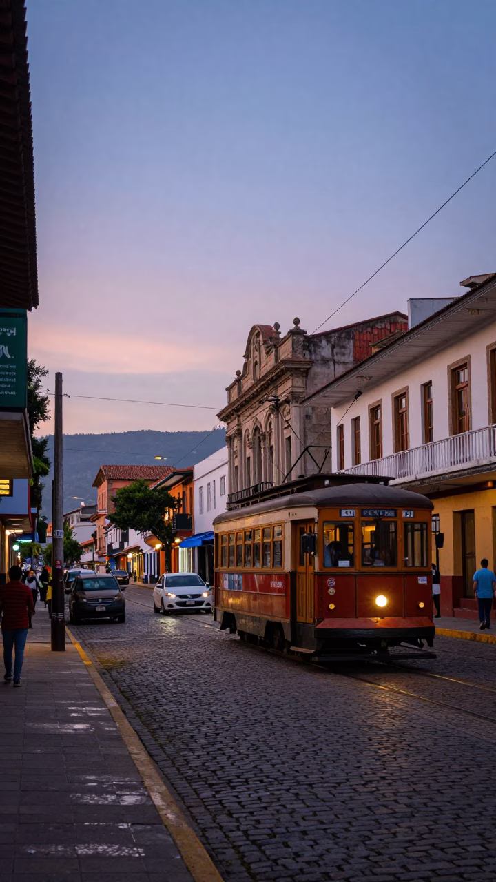 Nautical Dawn Street Scene in Medellin Colombia with Tram and Local Life in in Medellin, Colombia