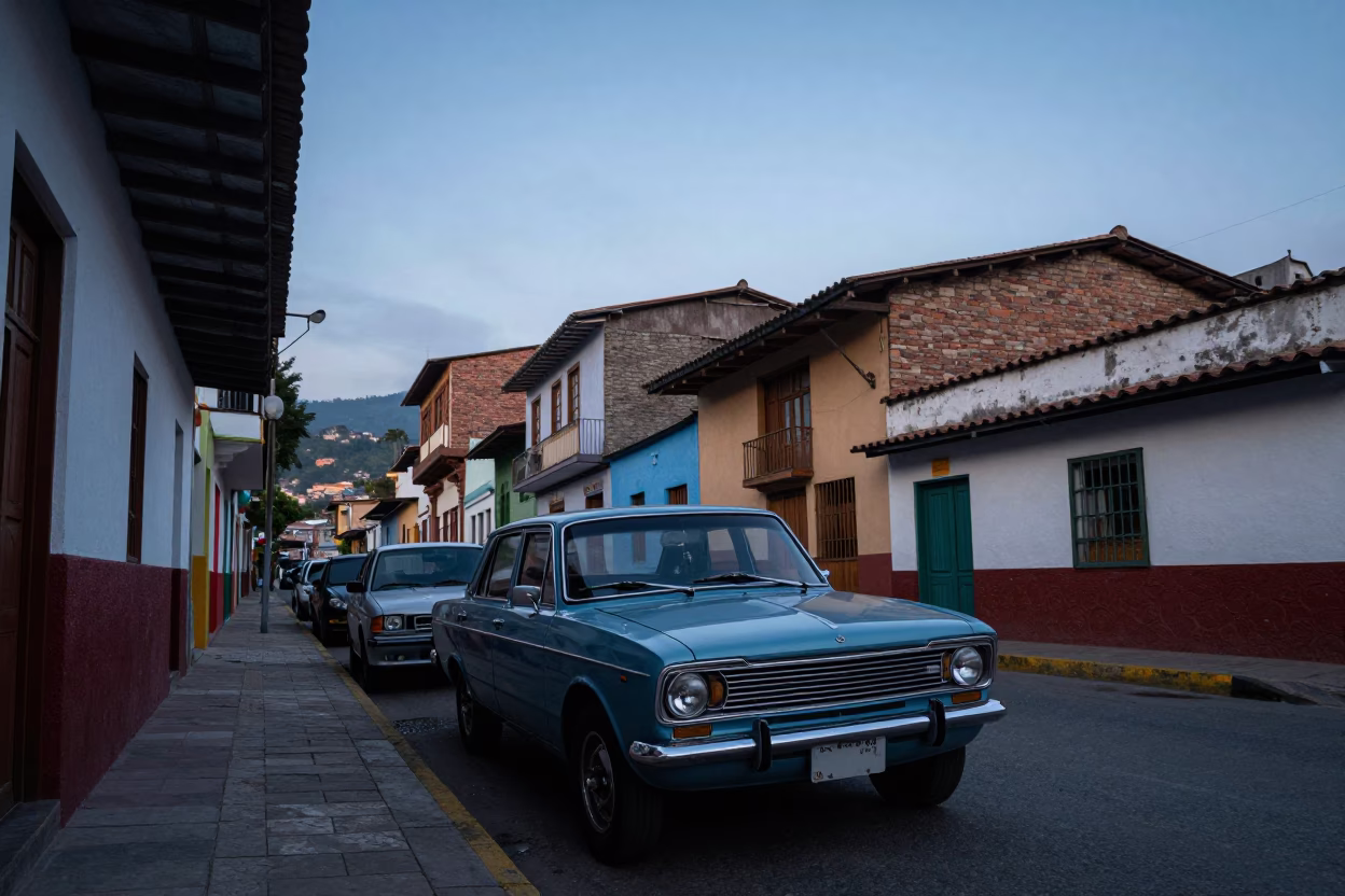 Nautical Dawn Street Scene in Medellin Colombia with Vintage Car and Local Market Activity in in Medellin, Colombia