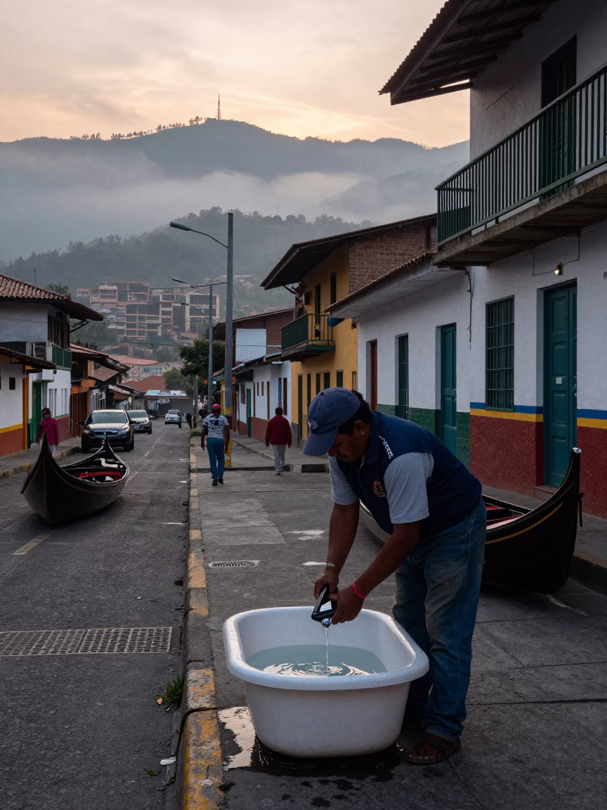 Nautical Dawn Street Scene in Medellin Colombia with Wash Basin and Cable Car in in Medellin, Colombia