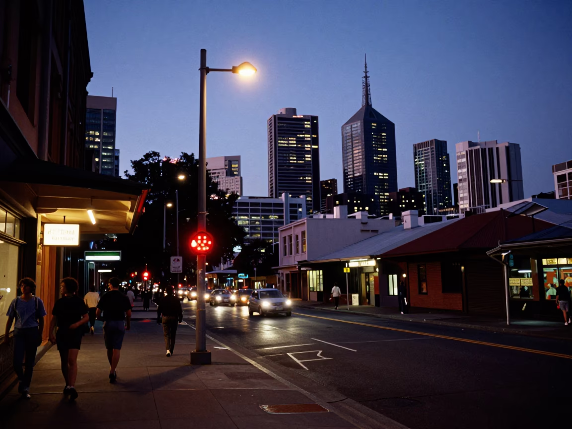 Nautical Dawn Street Scene in Melbourne Victoria Australia with Red Light and Urban Details in in Melbourne, Victoria, Australia
