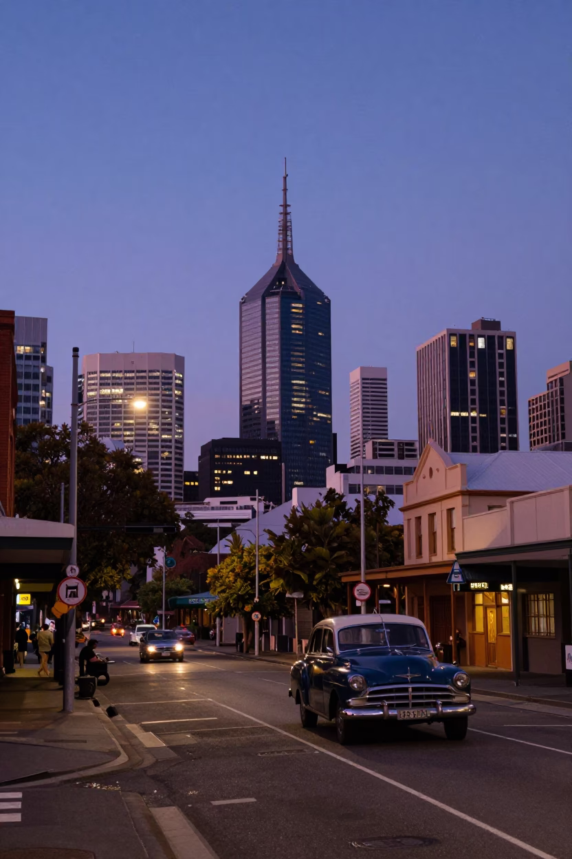 Nautical Dawn Street Scene in Melbourne Victoria Australia with Vintage Car and Tram Tracks in in Melbourne, Victoria, Australia