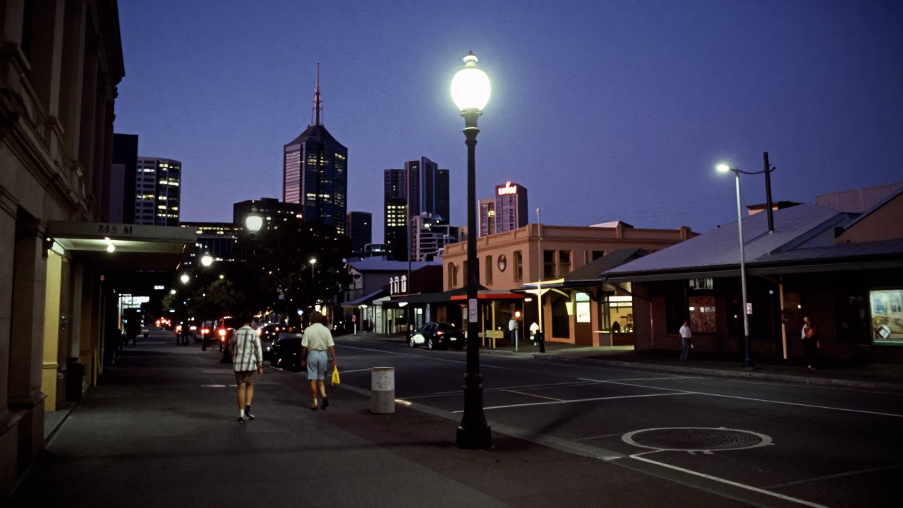 Nautical Dawn Street Scene in Melbourne Victoria with Moth Near Lamp and Urban Details in in Melbourne, Victoria, Australia