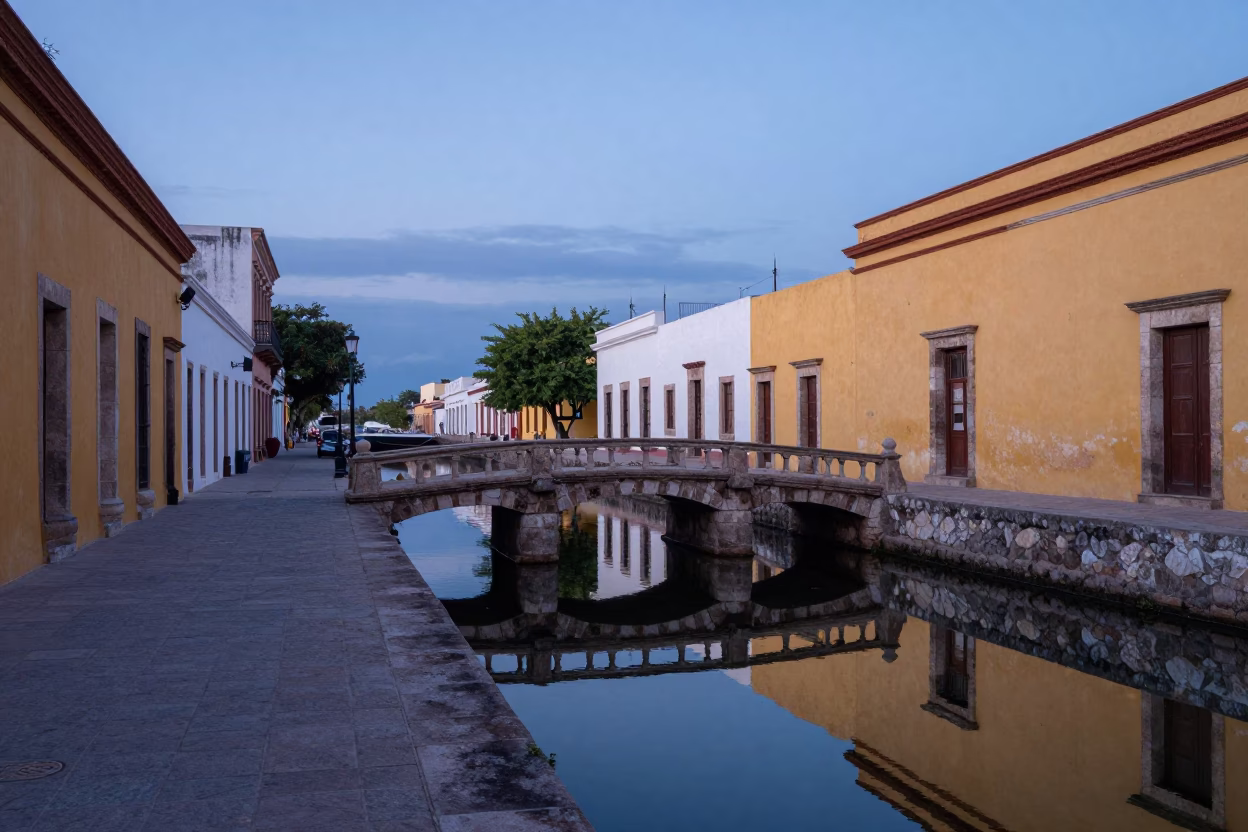 Nautical Dawn Street Scene in Merida Mexico with Bridge Pier and Water Reflections in in Merida, Mexico