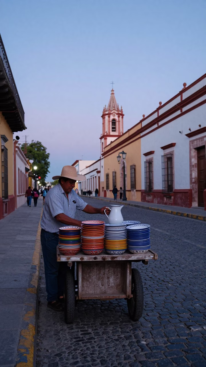 Nautical Dawn Street Scene in Merida Mexico with Enamel Pitcher and Tile in in Merida, Mexico