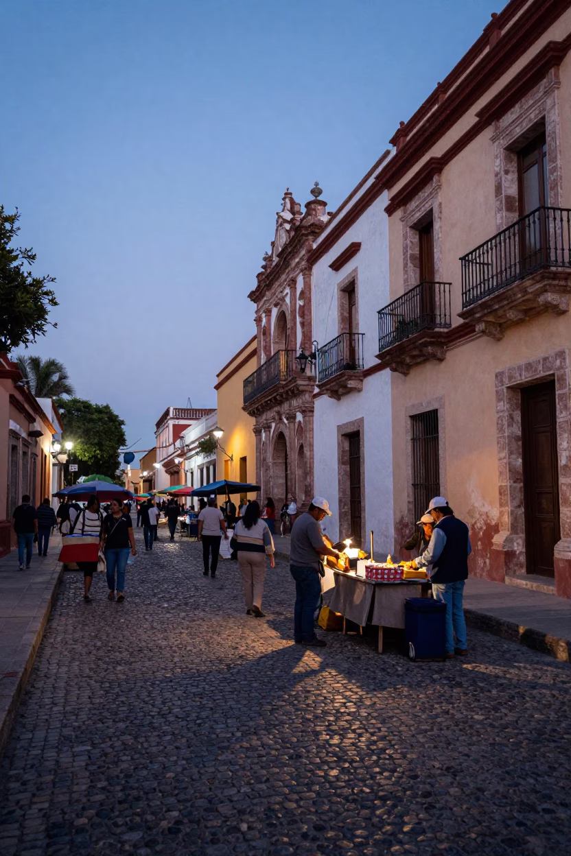 Nautical Dawn Street Scene in Merida Mexico with Local Market Activity in in Merida, Mexico
