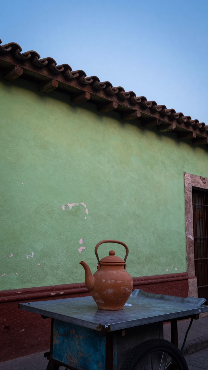 Nautical Dawn Street Scene in Mexico City with Clay Teapot and Succulents in in Mexico City, Mexico