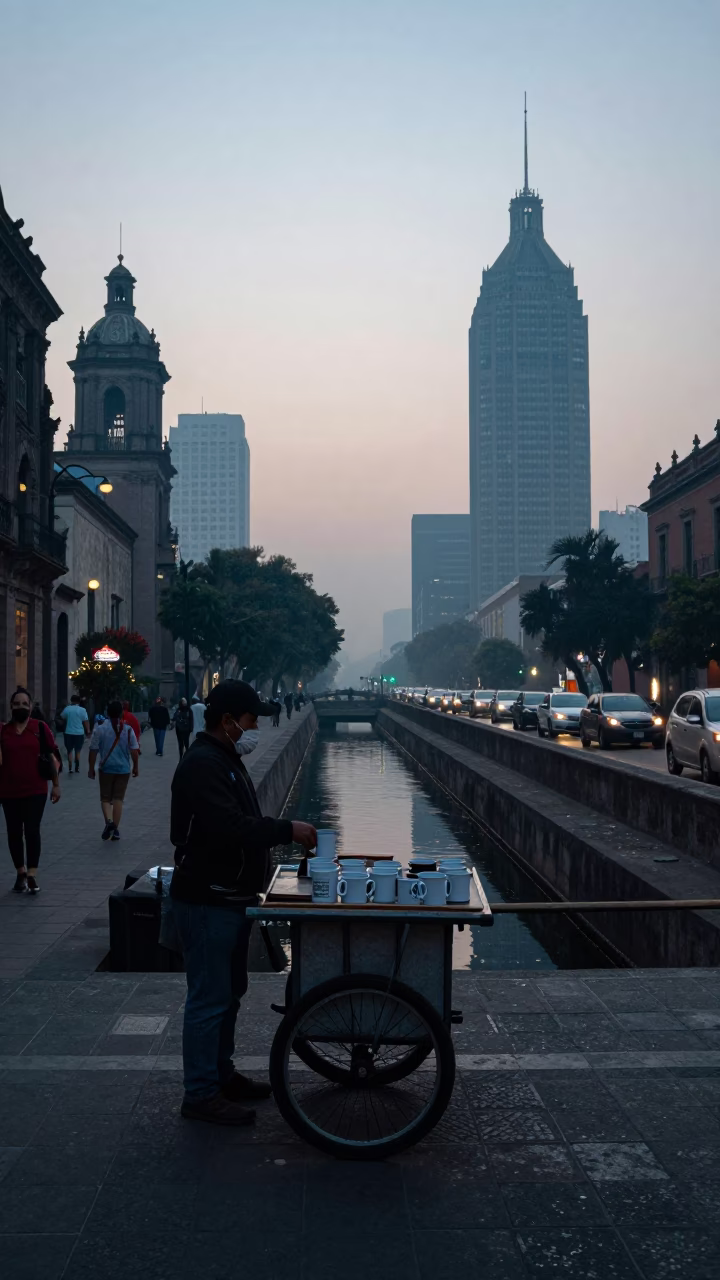 Nautical Dawn Street Scene in Mexico City with Coffee Mugs and Hibiscus in in Mexico City, Mexico