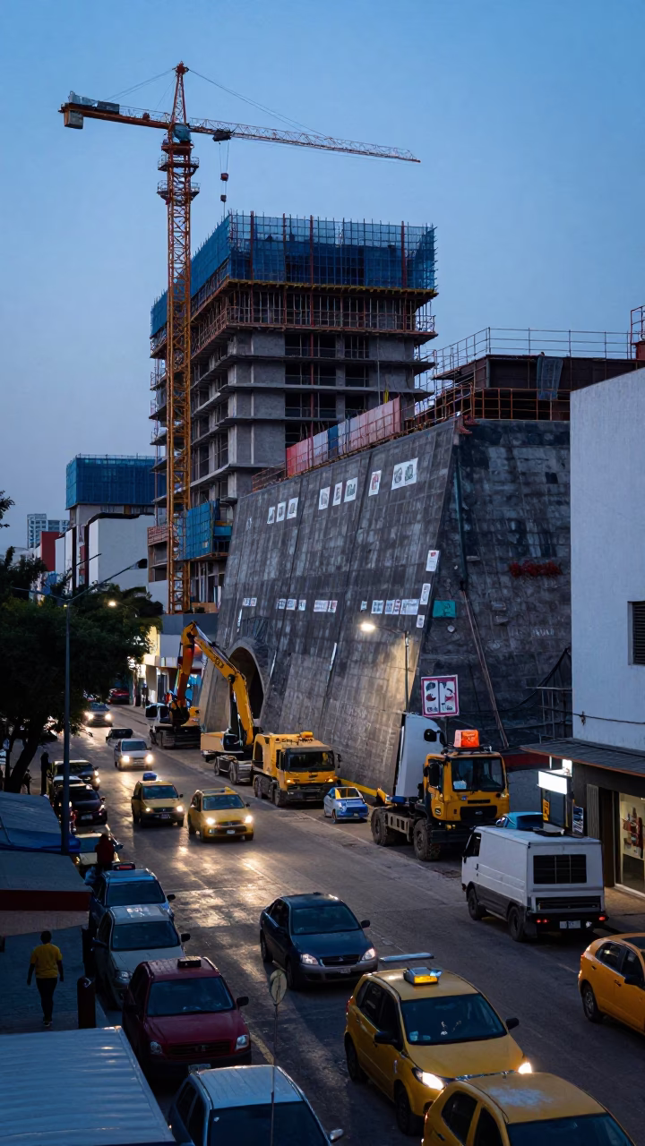 Nautical Dawn Street Scene in Mexico City with Construction and Street Food in in Mexico City, Mexico