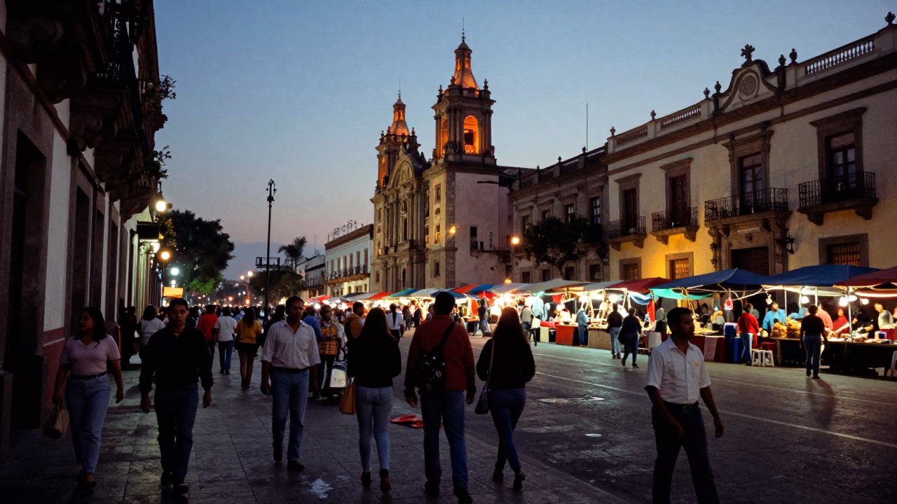 Nautical Dawn Street Scene in Mexico City with Local Market Activity in in Mexico City, Mexico