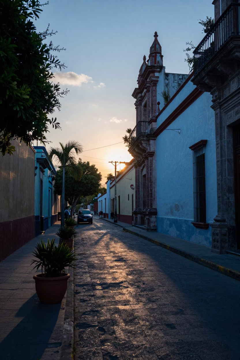 Nautical Dawn Street Scene in Mexico City with Plant Pots and Local Morning Activity in in Mexico City, Mexico