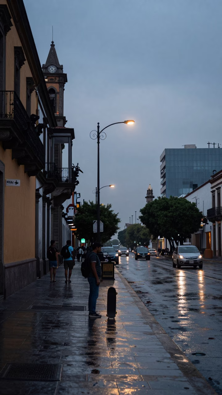 Nautical Dawn Street Scene in Mexico City with Skateboard and Glass Tumblers in in Mexico City, Mexico