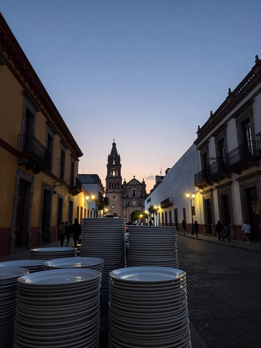 Nautical Dawn Street Scene in Mexico City with Stacked Plates and Clay Pots in in Mexico City, Mexico