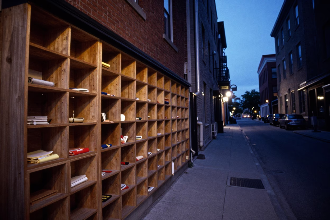 Nautical Dawn Street Scene in Montreal Quebec with Preschool Cubby Wall and Winter Gear in in Montreal, Quebec, Canada